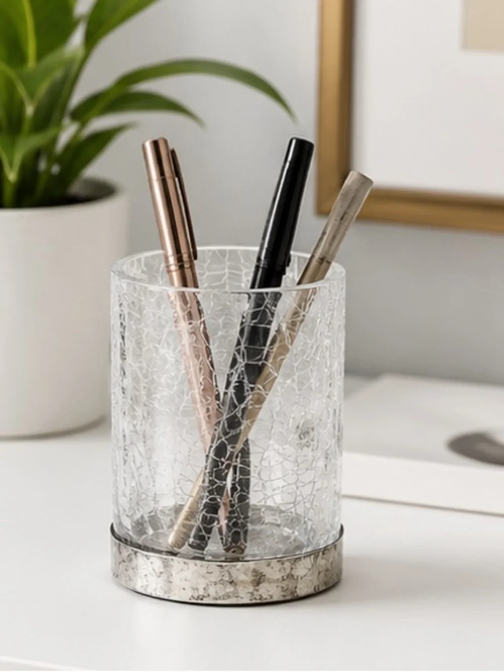 Glass with Metal Bottom Makeup Brush Holder